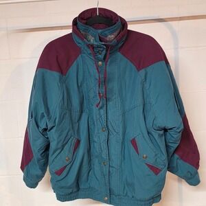 Vintage 80s Current Seen Teal Burgundy Colorblock Bomber Jacket Fleece Medium